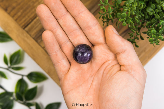Hand holding a purple crystal ball with green plants in the background