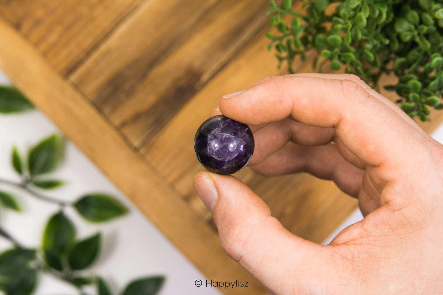 Hand holding a purple crystal ball with a wooden surface and green plants in the background