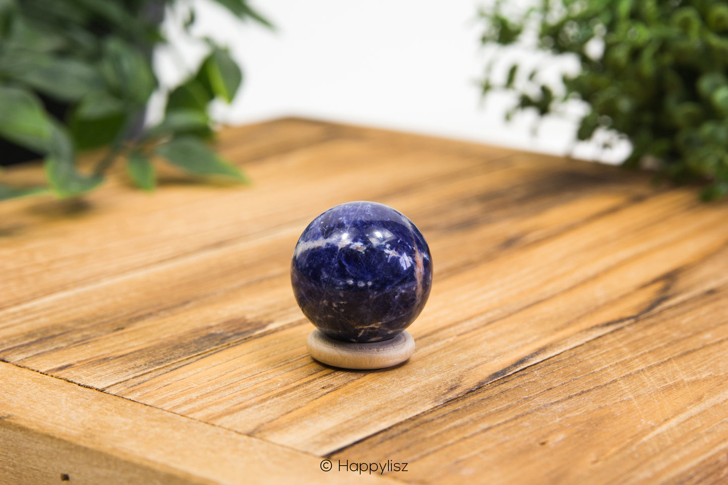 Blue spherical object on a wooden surface with greenery in the background