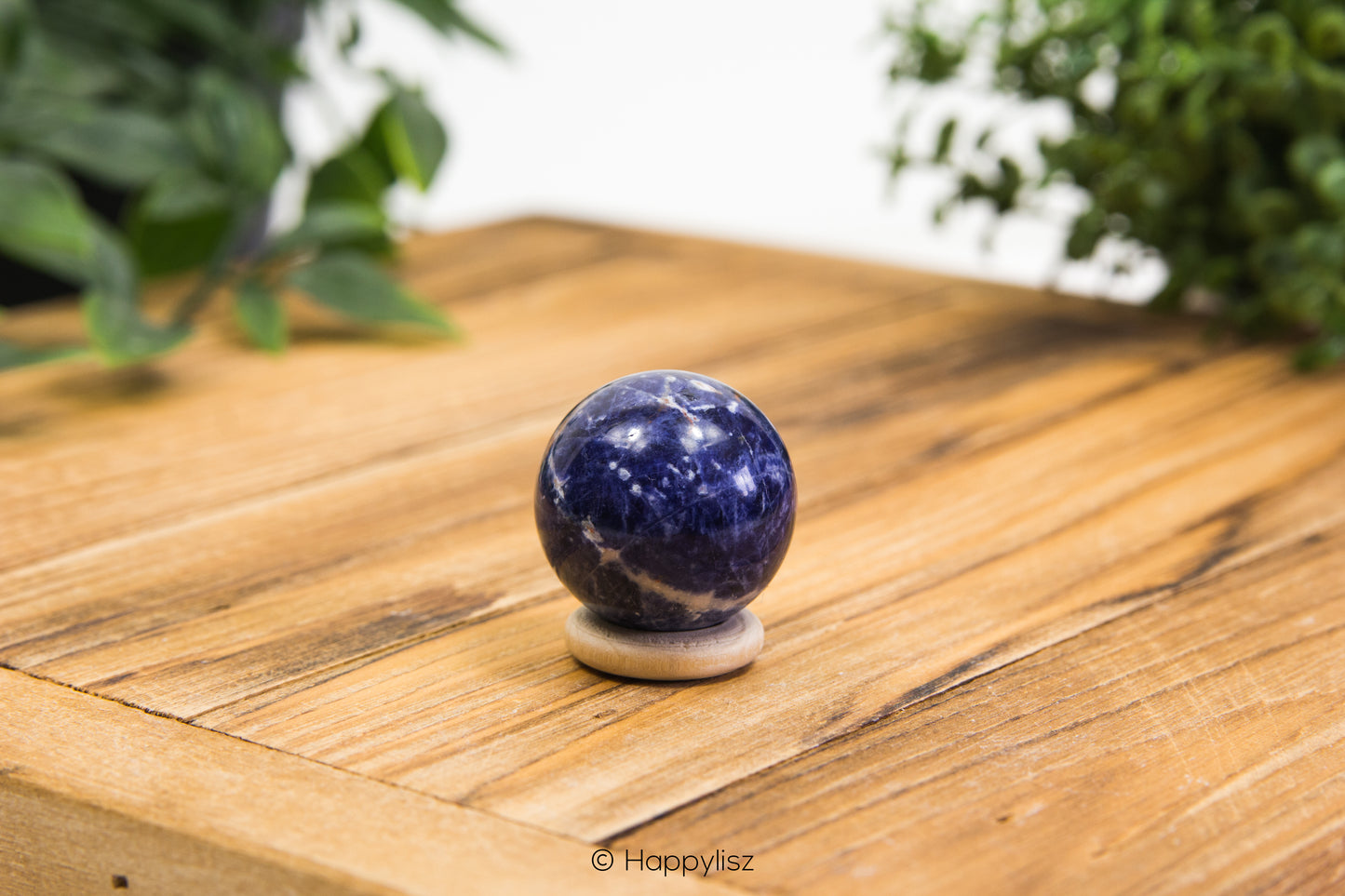 Blue and white spherical object on a wooden surface with greenery in the background
