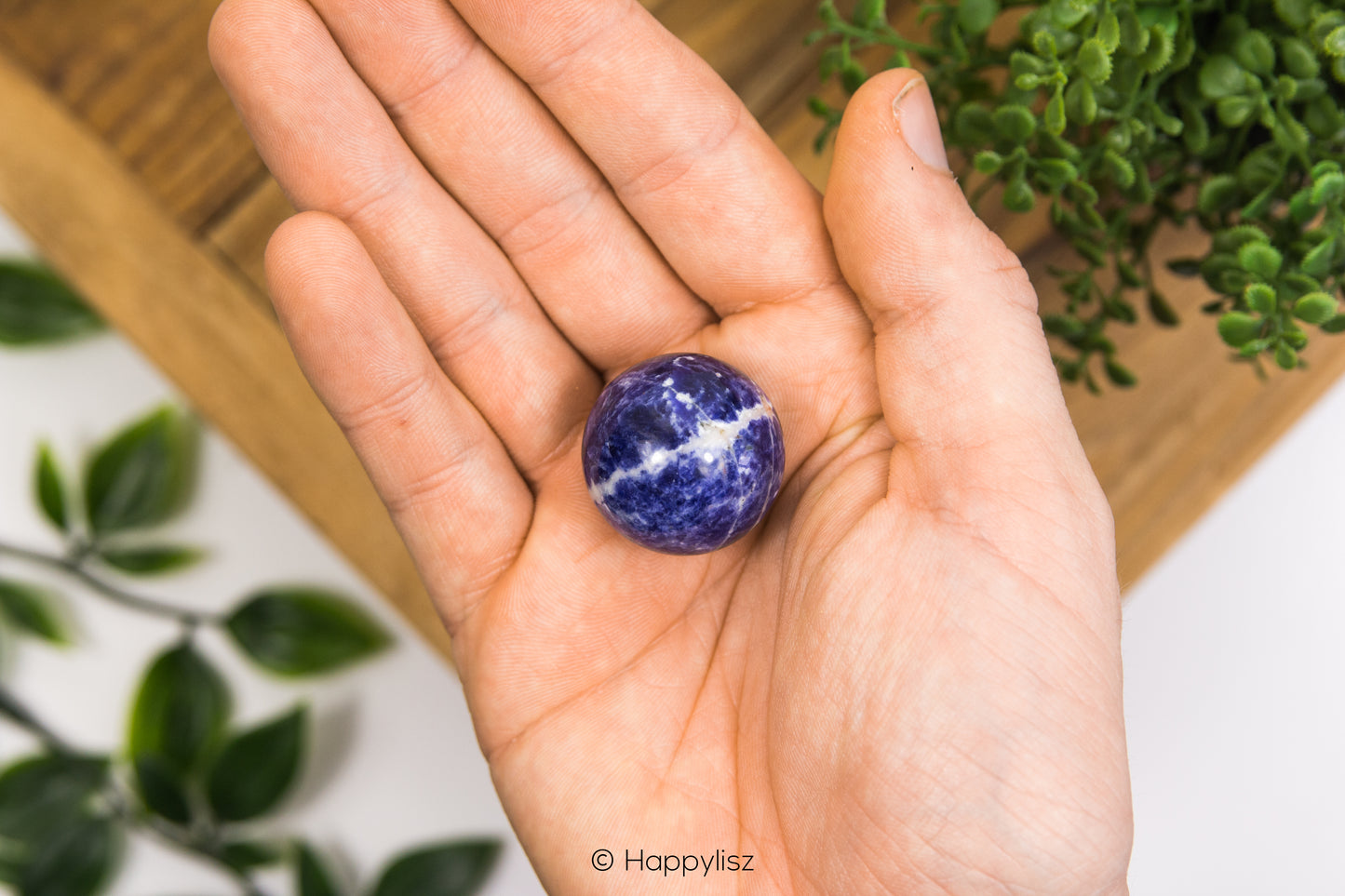 Hand holding a blue spherical stone with greenery in the background