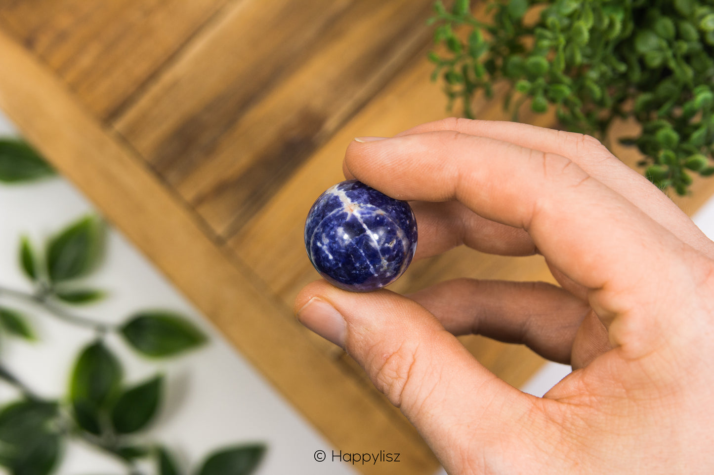 Hand holding a small blue stone with a blurred background of green plants and wooden surface.