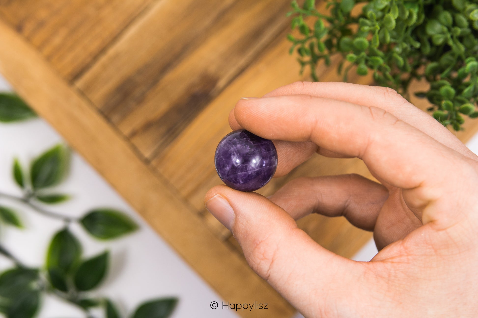 Hand holding a purple stone with a wooden surface and green plants in the background