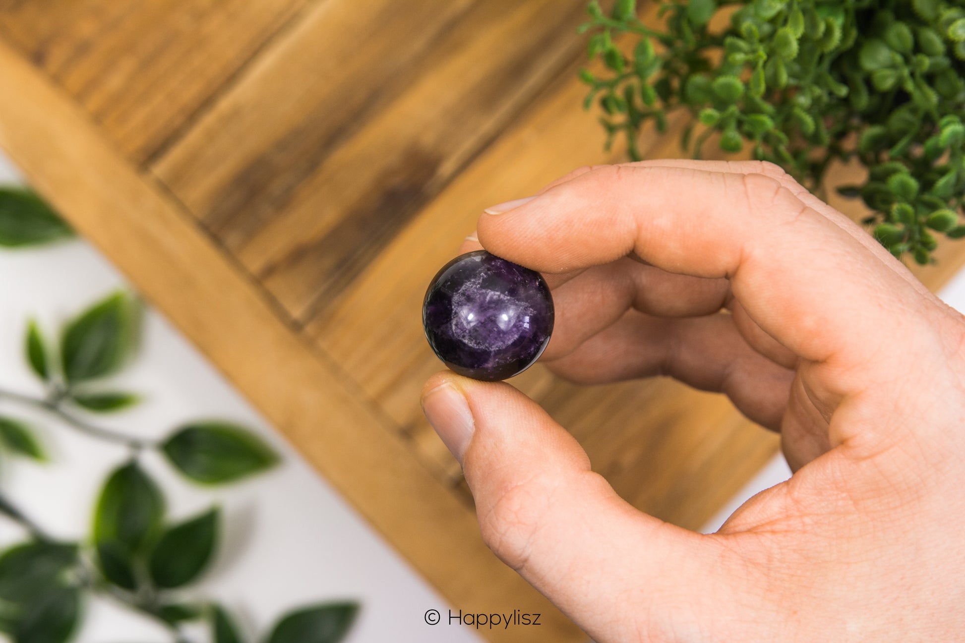 Hand holding a purple crystal ball with a wooden surface and green plants in the background