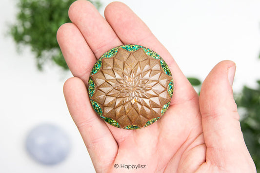 Orgonite Disc - Lotus - Moss Agate, Petrified Wood & Tree Agate - In Hand