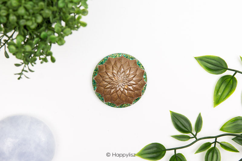 Orgonite Disc - Lotus - Moss Agate, Petrified Wood & Tree Agate - Top