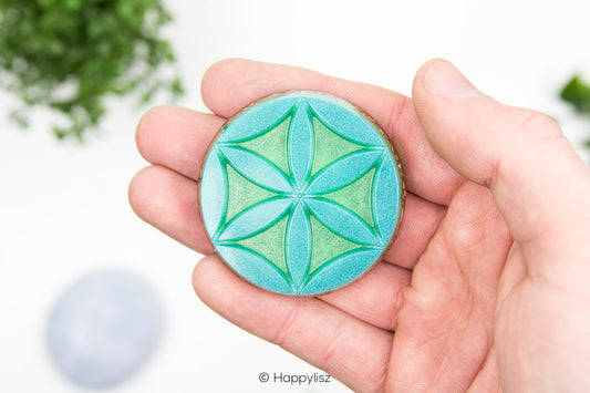 Orgonite Disc - Seed of Life - Amazonite & Blue Chalcedony - In Hand