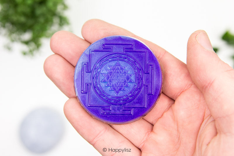 Orgonite Disc - Sri Yantra - Blue Chalcedony & Amethyst - In Hand