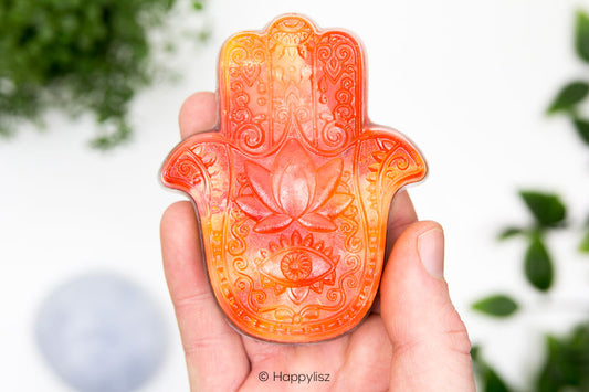 Orgonite Hamsa - Orange Calcite & Mookaite - In Hand