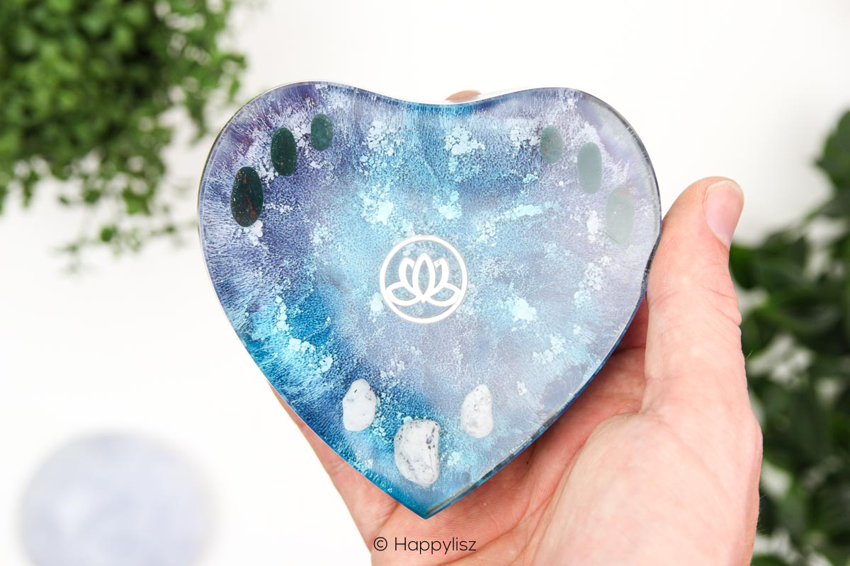 Orgonite Heart (with Stand) - Lotus - Heliotrope & Dendrite Opal - In Hand