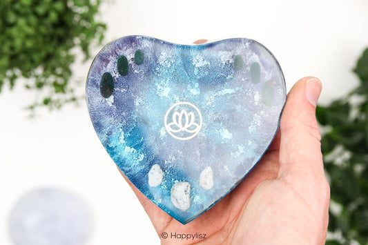 Orgonite Heart (with Stand) - Lotus - Heliotrope & Dendrite Opal - In Hand