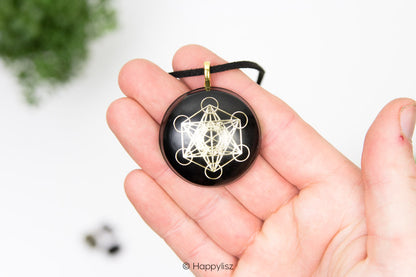 Orgonite Pendant - Shungite, Labradorite & Black Tourmaline - Cube of Metatron - In Hand