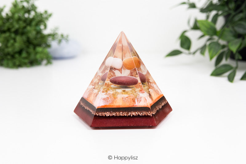 Pentagonal Orgonite Pyramid - Rose Quartz, Carnelian & Mookaite - Front