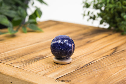 Blue spherical object on a wooden surface with greenery in the background