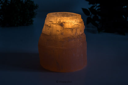 Tea Light Holder - Selenite - Orange - In Dark