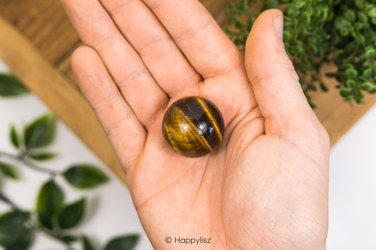 Hand holding a tiger's eye crystal ball with a blurred natural background